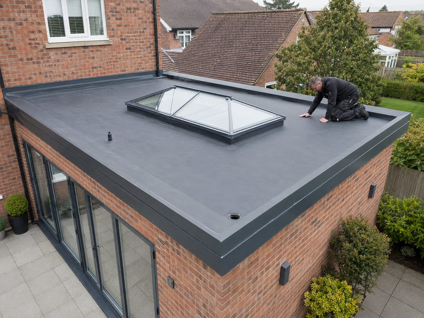 site photograph of ePDM flat roof with new edge trims on a timber-framed period building in Diss (IP22) off the A140 — general roofing across South Norfolk Council