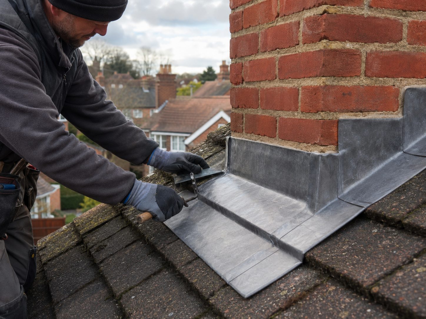 work in progress: code-rated lead flashing detail on a Georgian town roof in Beccles (NR34) off the A146 — general roofing across East Suffolk Council