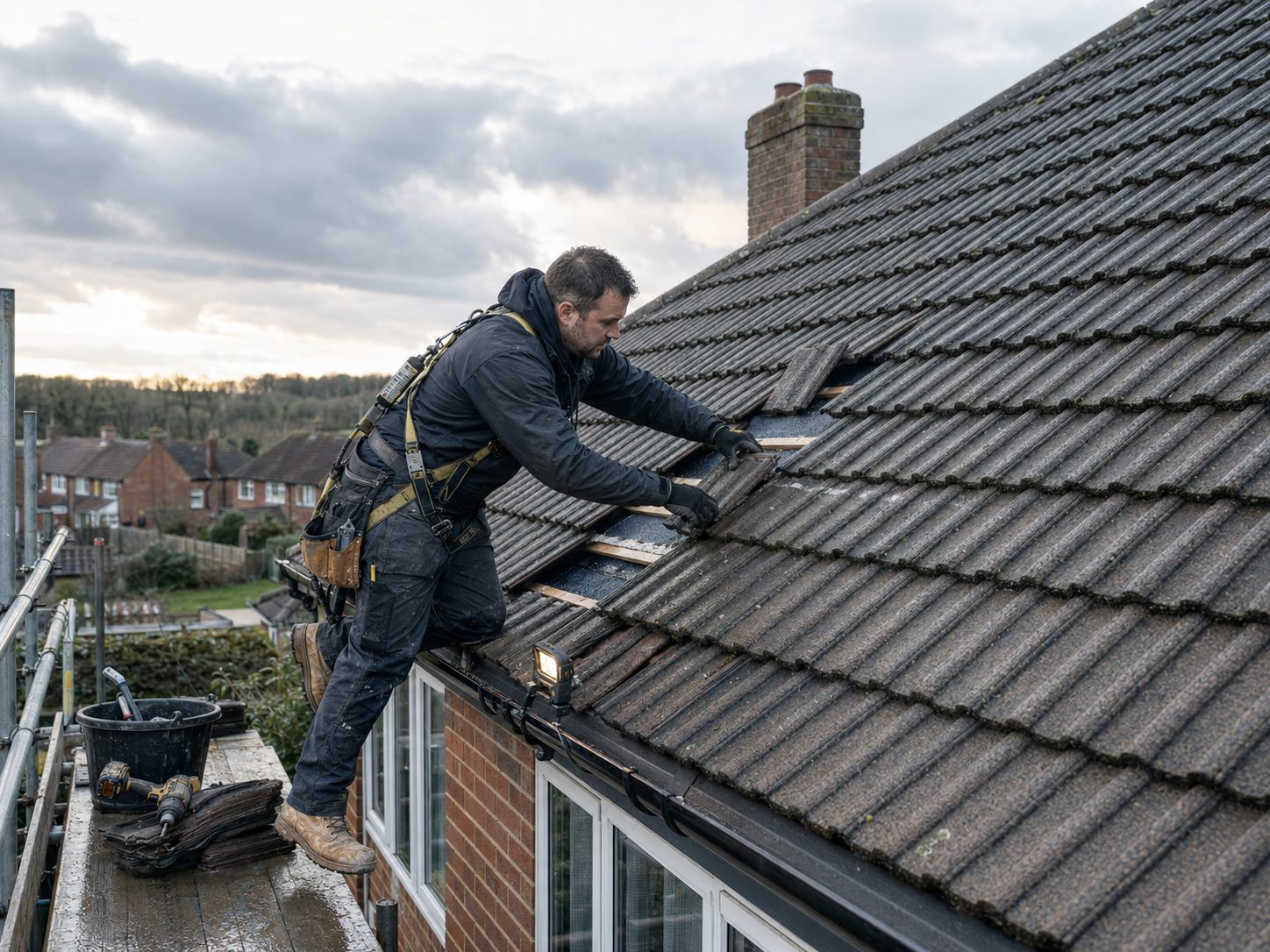 finished roofer tracing a leak after storm damage on a Georgian estuary-side house in Manningtree (CO11) off the A137 — general roofing across Tendring District Council